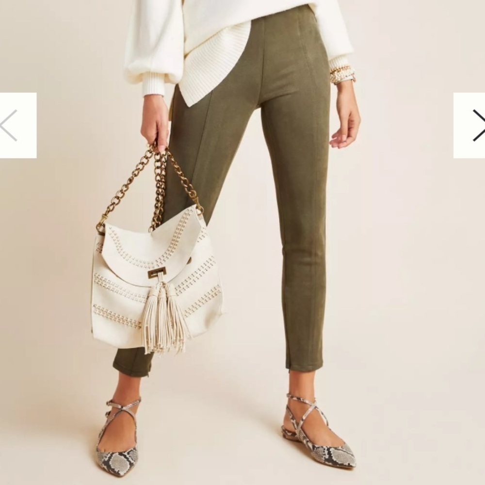 Anthropologie faux suede stretchy leggings zipped hems olive green Size 26